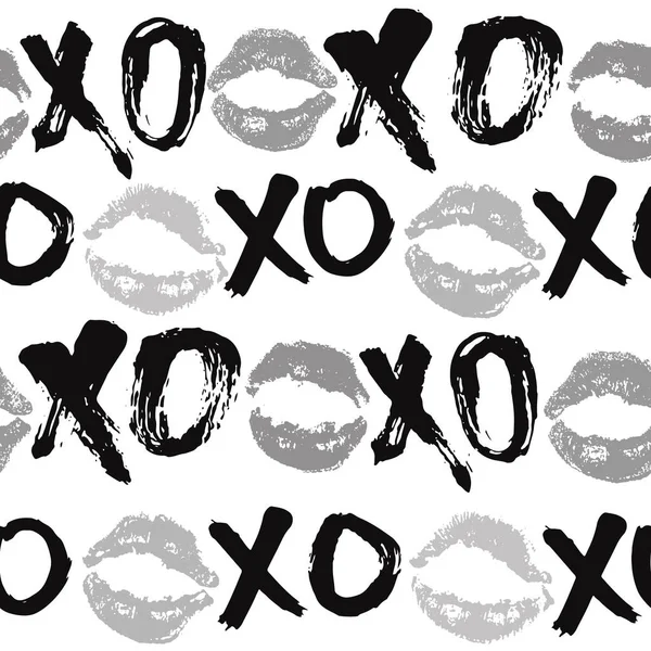 Xoxo笔画字体无缝图案 Grunge笔画拥抱和亲吻短语 互联网俚语缩写Xoxo符号 白色背景上孤立的向量图 — 图库矢量图片