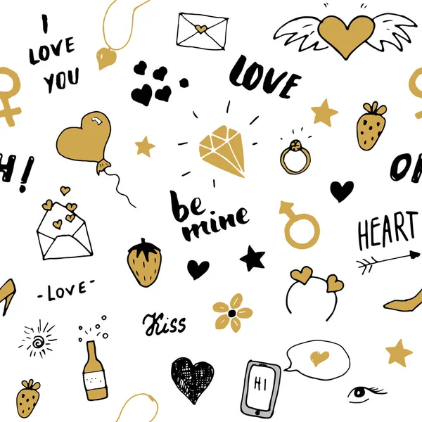 Illustration Vectorielle Motif Sans Couture Amour Saint Valentin Dessiné Main — Image vectorielle