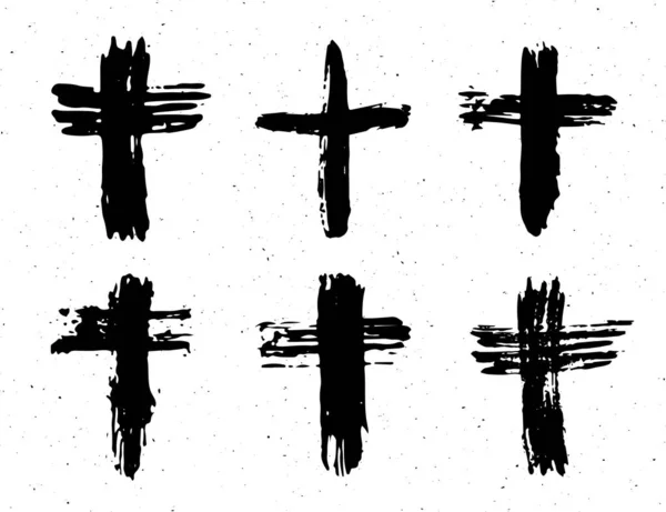 Sada Ručně Kreslených Křížových Symbolů Grunge Křesťanské Kříže Náboženské Znaky — Stockový vektor