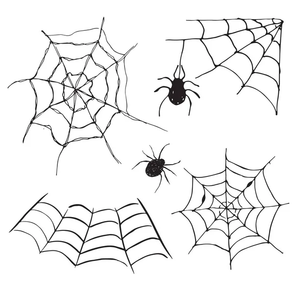 クモの巣セット白地に描かれた手描きの網ベクトルイラスト — ストックベクタ