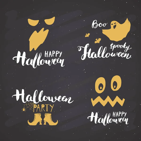 Grusskarten Set Halloween Vorhanden Schriftzug Kalligraphie Zeichen Und Handgezeichnete Elemente — Stockvektor