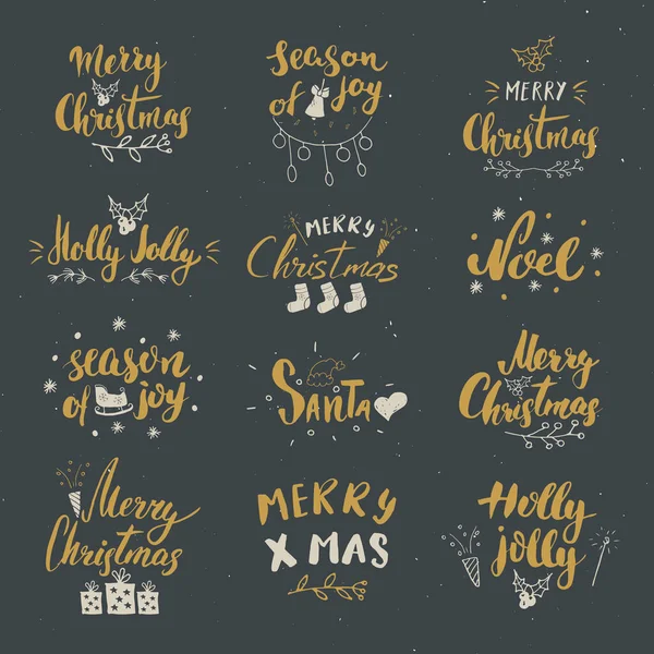 圣诞快乐 彩色照片选集 字体问候设计 由于节日问候而进行的笔迹书写 手绘排版文字矢量图解 — 图库矢量图片