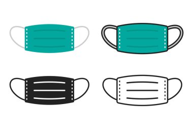 Yüz maskesi simgesi çeşitli biçimlerde ayarlandı. Virüs koruması için tıbbi maske. Koronavirüsten güvenli nefes alma kavramı. Beyaz arkaplanda izole edilmiş vektör düz çizgi grafik tasarımı.