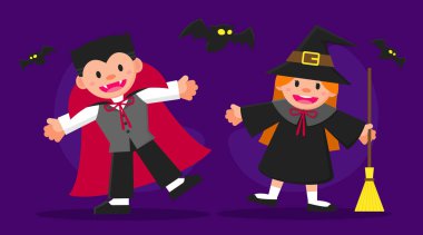 Küçük şirin bir çizgi film karakteri olan Drakula çocuk ve süpürge saplı cadı. Vampir kostümüyle gülümseyen genç bir çocuk ve cadı kostümlü bir kız. Cadılar Bayramı festivali için düz grafik çizimi.