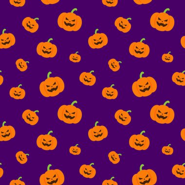 Cadılar bayramı kutlaması için gülen yüzlü, kusursuz desenli turuncu balkabağı çizgi filmi. Pankart tasarımı, duvar kağıdı ya da hediye paketi için hoş bir sanat eseri. Vektör grafik tasarımı illüstrasyonu.