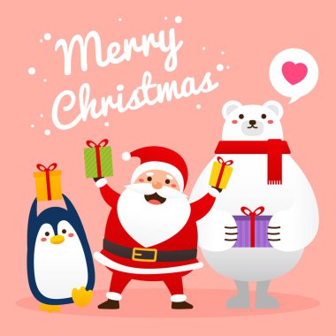 Elinde hediyeler olan bir sürü komik Noel çizgi filmi karakteri. Noel Baba, kutup ayısı ve penguen. Pankart ya da kart tasarımı için elementler. Düz biçim vektör grafik çizimi.