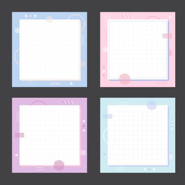 Pastel Memphis tarzı şablon koleksiyonu. Reklam için soyut yaratıcı kavram arka planı ya da metin için kopya alanı olan afiş seti. Modern şirin düz grafik tasarım çizimi.