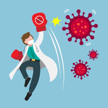 Salgını durdurmak için koronavirüse karşı cesurca savaşan bir doktor. Corona virüsünü yenmek. İnsanları 2019-Ncov 'dan korumak için. Covid-19 konsepti düz vektör grafik tasarımı illüstrasyonunu tedavi et. 