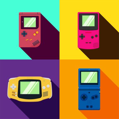 Gameboy düz vektör grafik tasarımı koleksiyonu. Retro oyun aleti konsepti. Renkli oyun seti. El bilgisayarı video oyunu grubu. Çocuklukta eğlence medyası.
