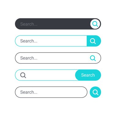 Web veya UI için büyüteç simgeleri olan arama çubukları koleksiyonu. Beyaz arkaplanda izole edilmiş farklı dizaynlı arama kutuları şablonu. Modern vektör düz biçim grafik çizimi.