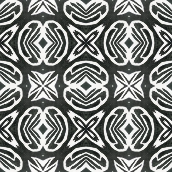 Schema etnico azteco. Ripeti l'illustrazione della tintura. Ikat Motivo indonesiano. Design astratto del caleidoscopio. Texture monocromatica in bianco e nero. Modello etnico azteco disegnato a mano. — Foto Stock