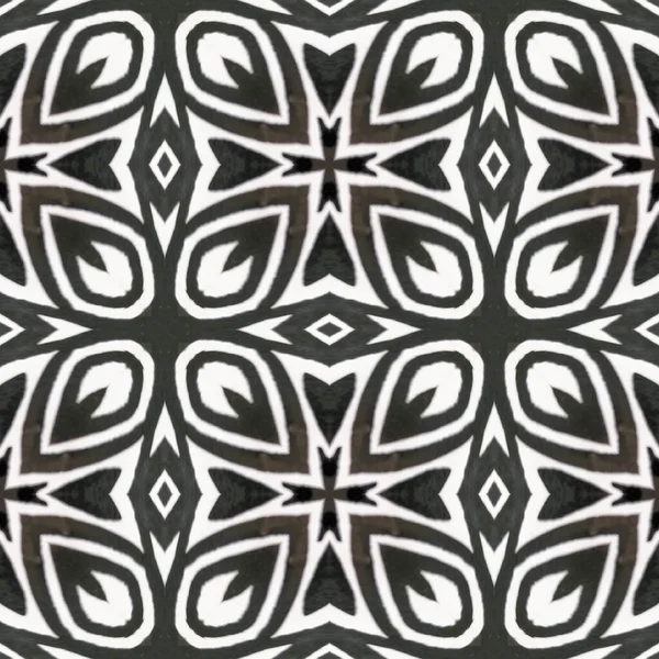 Μοτίβο υδατογραφίας Boho. Μαύρη και άσπρη μονόχρωμη υφή χωρίς ραφή. Περίληψη Kaleidoscope Εκτύπωση. Απρόσκοπτη Ιμάντας Ιμάντας. Ιαπωνικό σχέδιο Ικάτ. Χειροποίητο μοτίβο υδατογραφίας Boho. — Φωτογραφία Αρχείου