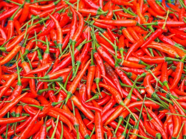 Markette satılık kırmızı biberin tam kare fotoğrafı. Üst yaşam