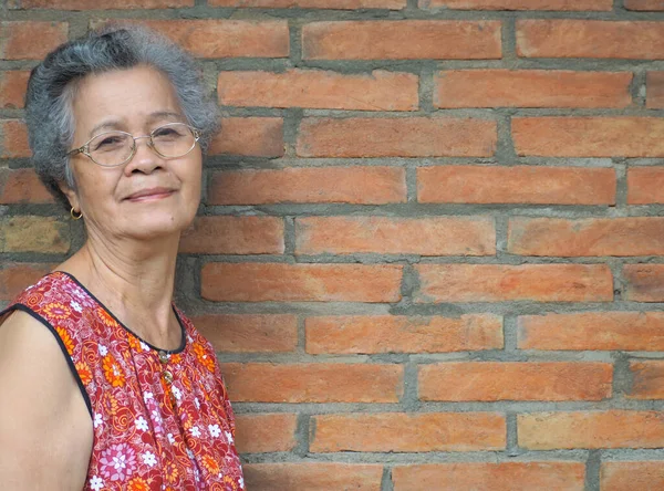 Retrato Una Anciana Asiática Con Gafas Sonriendo Mirando Cámara Mientras — Foto de Stock