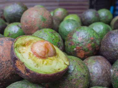 Pazarda satılık avokado yığını. Sağlıklı meyve kavramı