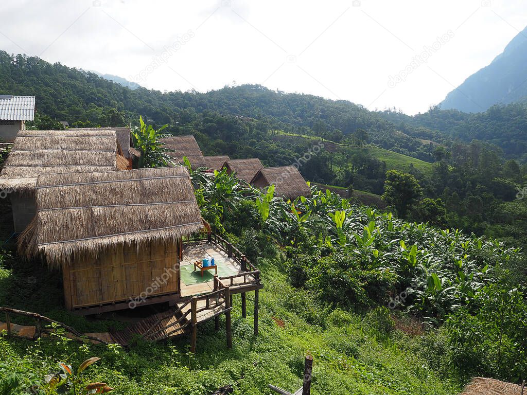 The bamboo cottage style with mountain. Homestay at Doi Luang Chiang Dao, Chiang Mai, Thailand. One of the famous tourist attractions in Chiang Mai. Holiday concept