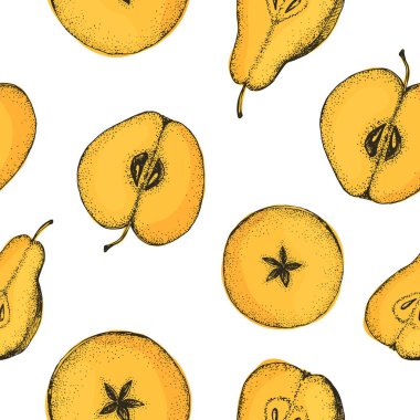 Elma ve armutların el yazısıyla çizildiği kusursuz bir desenin vektör çizimi. Kumaş, ambalaj, ambalaj kağıdı ve kırtasiye malzemesi için parlak sulu sarı meyveler. Elma şarabı ya da sıcak şarap tasarımı