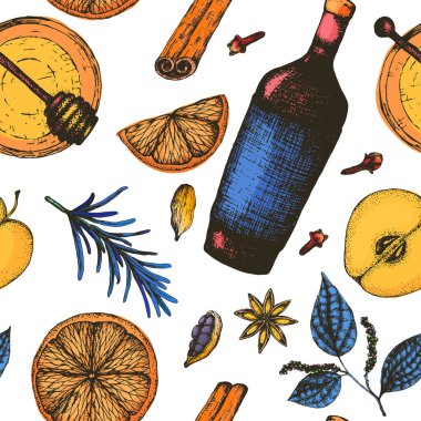 Vektör illüstrasyonu kusursuz, sıcak kış sıcak, alkollü şarap. Karışık şarap için parlak malzemeler ve baharatlar eskiz tarzında paketleme, paketleme, menü tasarımı için.