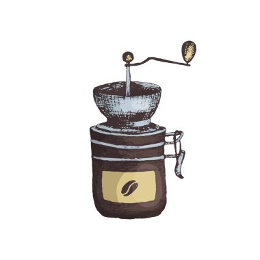 İşleme tarzında bir kahve öğütücüsünün vektör çizimi. Elle kahve öğütücü, menü veya kafe simgesi