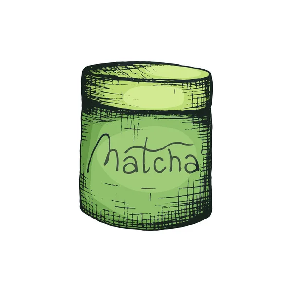 Εικονογράφηση Διάνυσμα Πλαστική Ξύλινη Συσκευασία Ιαπωνικού Matcha Πράσινο Τσάι Στο — Διανυσματικό Αρχείο