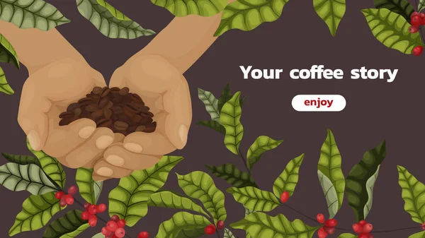 Vector Illustration 스타일로 커피의 가지와 열매를 커피를 광고하는 개념이다 배경에 — 스톡 벡터