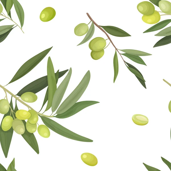 Vector Illustration Seamless Pattern Olive Branches Fruits Cartoon Style White — Stock Vector