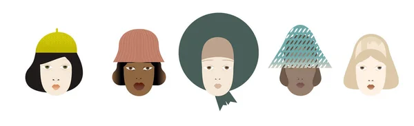Farklı şapkalardan kadınlar. Uluslararası kadın hareketi. Düz tasarım biçimi grafik illüstrasyonu. — Stok fotoğraf