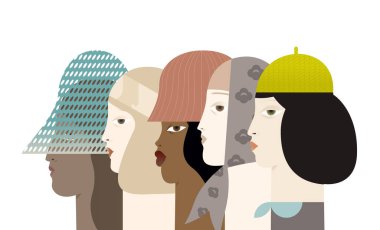 Feminizm bayrağı. Farklı şapkalardan kadın profili. Uluslararası Kadın Hareketi.