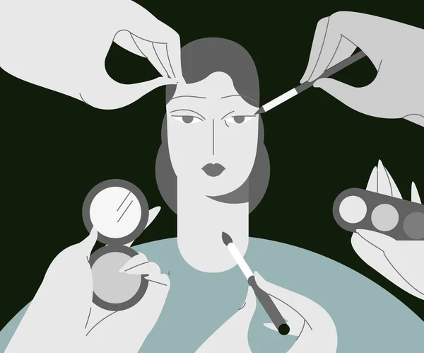 Make-up und Hautpflege. Porträt einer jungen Frau, die sich schminkt und Kosmetika verwendet. — Stockvektor