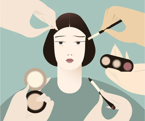 Make-up a péče o pleť. Portrét mladé ženy, která nanáší make-up a používá kosmetiku. — Stockový vektor