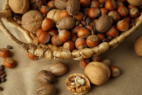 Nuts Basket Beautiful Still Life Close Dark Background Walnut Hazelnuts — Stock Photo, Image