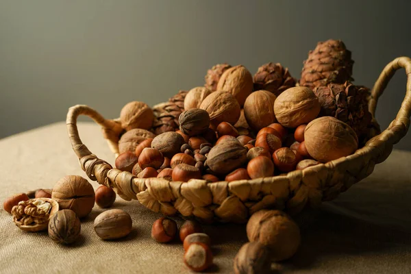 Nuts Basket Beautiful Still Life Close Dark Background Walnut Hazelnuts — Stock Photo, Image