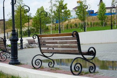 Güzel ağaçların, çiçeklerin, çalıların ve sokak ışıklarının olduğu bir şehir parkında güzel bir bank.