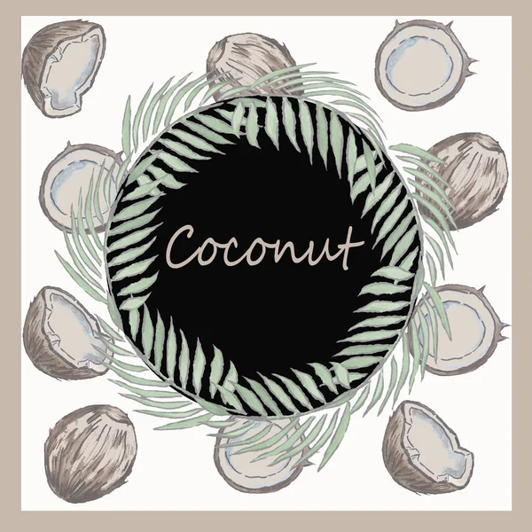 Watercolor Seamless Illustration Coconuts Coconut Halves White Background Center Inscription — Stock Photo, Image