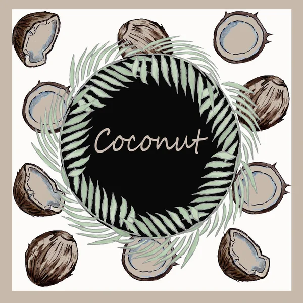 Watercolor Seamless Illustration Coconuts Coconut Halves White Background Center Inscription — Stock Photo, Image