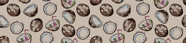 Aquarell Illustration Von Kokosnüssen Kokosnusshälften Auf Braunem Hintergrund — Stockfoto