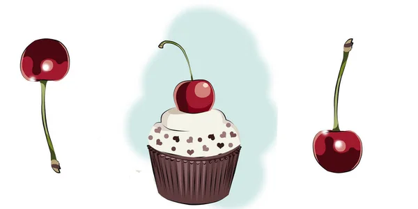 Curb Color Cherries Muffin White Background — Stock Photo, Image