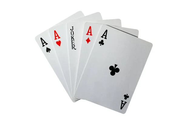Pět Hracích Karet Čtyři Esa Černý Žolík Bílém Pozadí — Stock fotografie