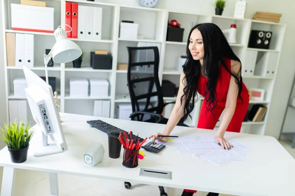 Ein schönes junges Mädchen steht neben einem Schreibtisch im Büro. das Mädchen arbeitet mit Dokumenten, Taschenrechner und Computer. — Stockfoto