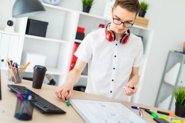 Gözlüklü genç bir adam bir bilgisayar masası duruyor. Genç bir adam bir işaretleyici manyetik bir tahtaya çizer. Çocuklar kulaklık boynuna asmak.