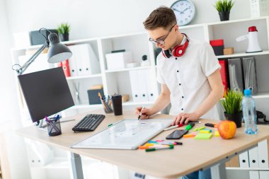 Gözlüklü genç bir adam bir bilgisayar masası duruyor. Genç bir adam bir işaretleyici manyetik bir tahtaya çizer. Çocuklar kulaklık boynuna asmak.