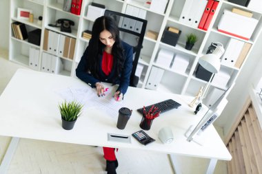 Güzel genç kız masa ofis belgeleri ile çalışıyor. Kız belgedeki önemli noktaları pembe bir marker ile vurgulamaktadır..