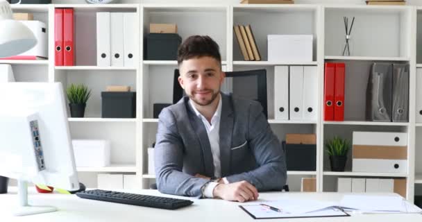 Director Siting White Office Smiling Conducting Interview — Stock Video