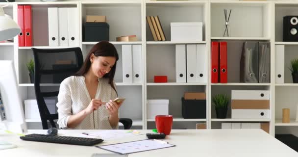 Businesswoman White Blouse Using Smartphone Smiling — Stock Video