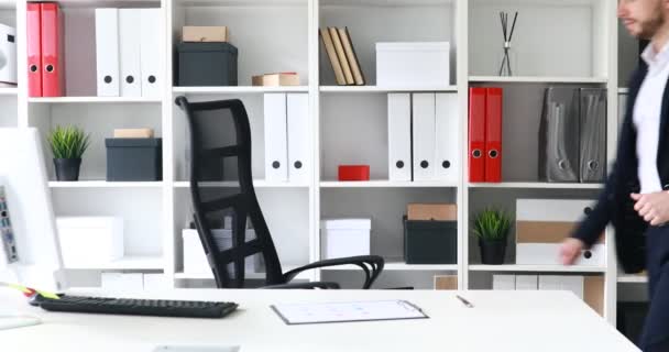 Young Adult Businessman Coming Workplace Modern Office — Stock Video