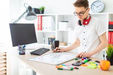 Gözlüklü genç bir adam bir bilgisayar masası duruyor. Genç bir adam bir işaretleyici manyetik bir tahtaya çizer. Çocuklar kulaklık boynuna asmak.