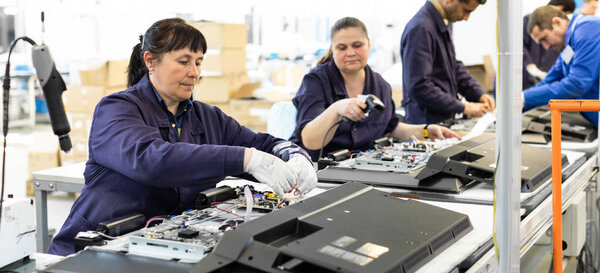 Minsk, Belarus - May 08, 2018: workshop for assembring televisions