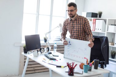 Adam ofiste masanın yanında duruyor ve manyetik tahtaya çizilen zamanlamayı açıklar.