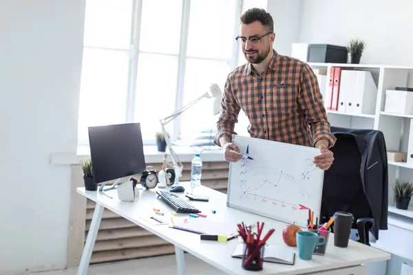 Adam ofiste masanın yanında duruyor ve manyetik tahtaya çizilen zamanlamayı açıklar.