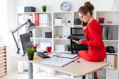 Genç kız ofisinde masada oturdu, elinde bir defter düzenlenen ve telefonda konuşuyordum.